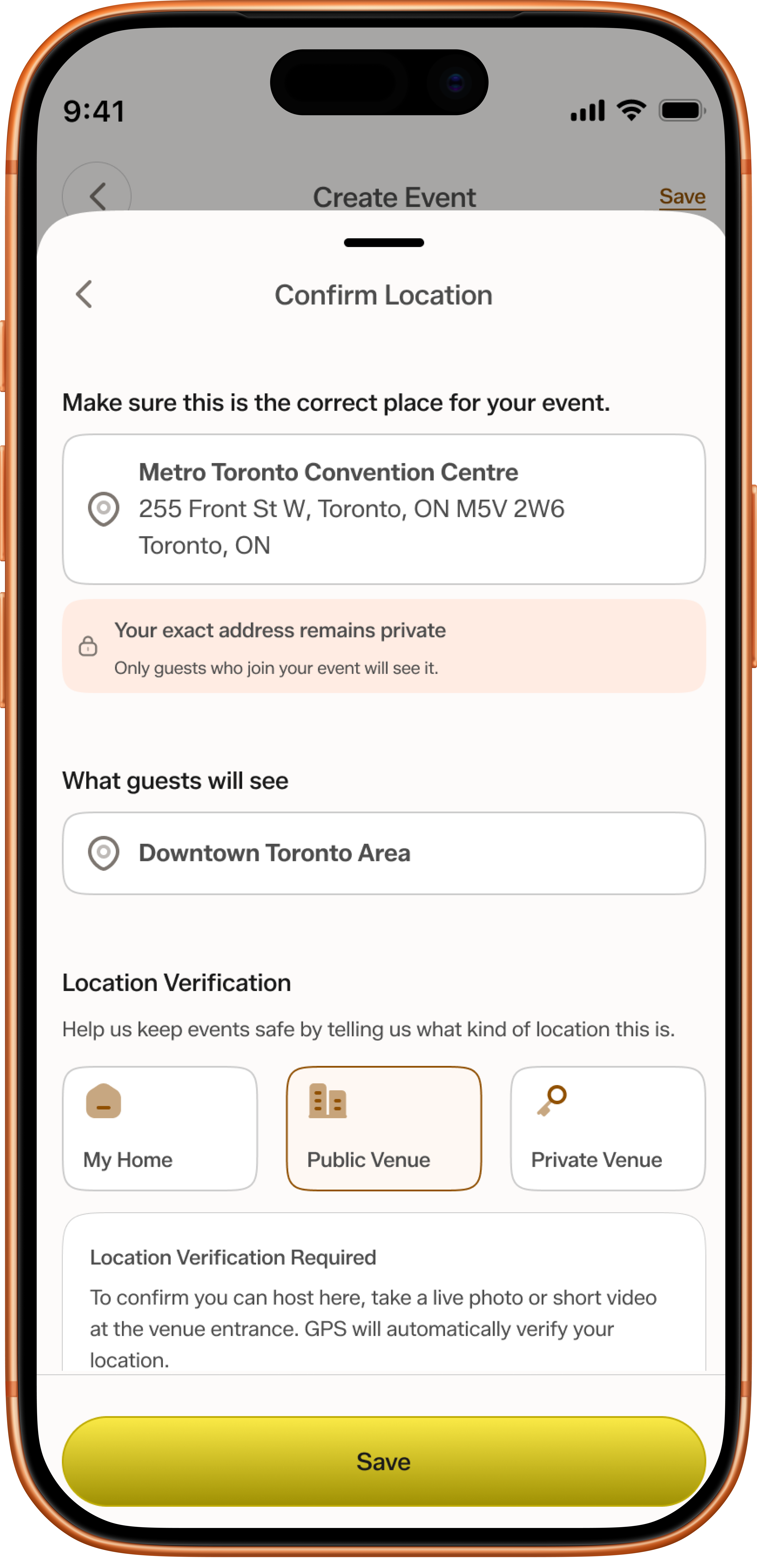 Location verification screen showing a pre-checked event venue
